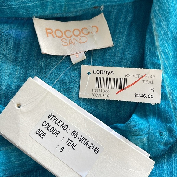 Rococo Sand Vita Long Bell Sleeves Button Down Teal Shirt Size Small - Picture 10 of 13